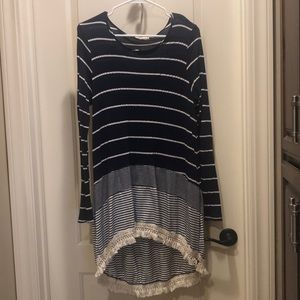 Navy Striped Long Sleeve Tunic w/Fringe Detail